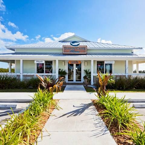 A modern, glass-fronted building with a wide entrance, landscaped walkway, and clear blue sky. An inviting campus or corporate facility.